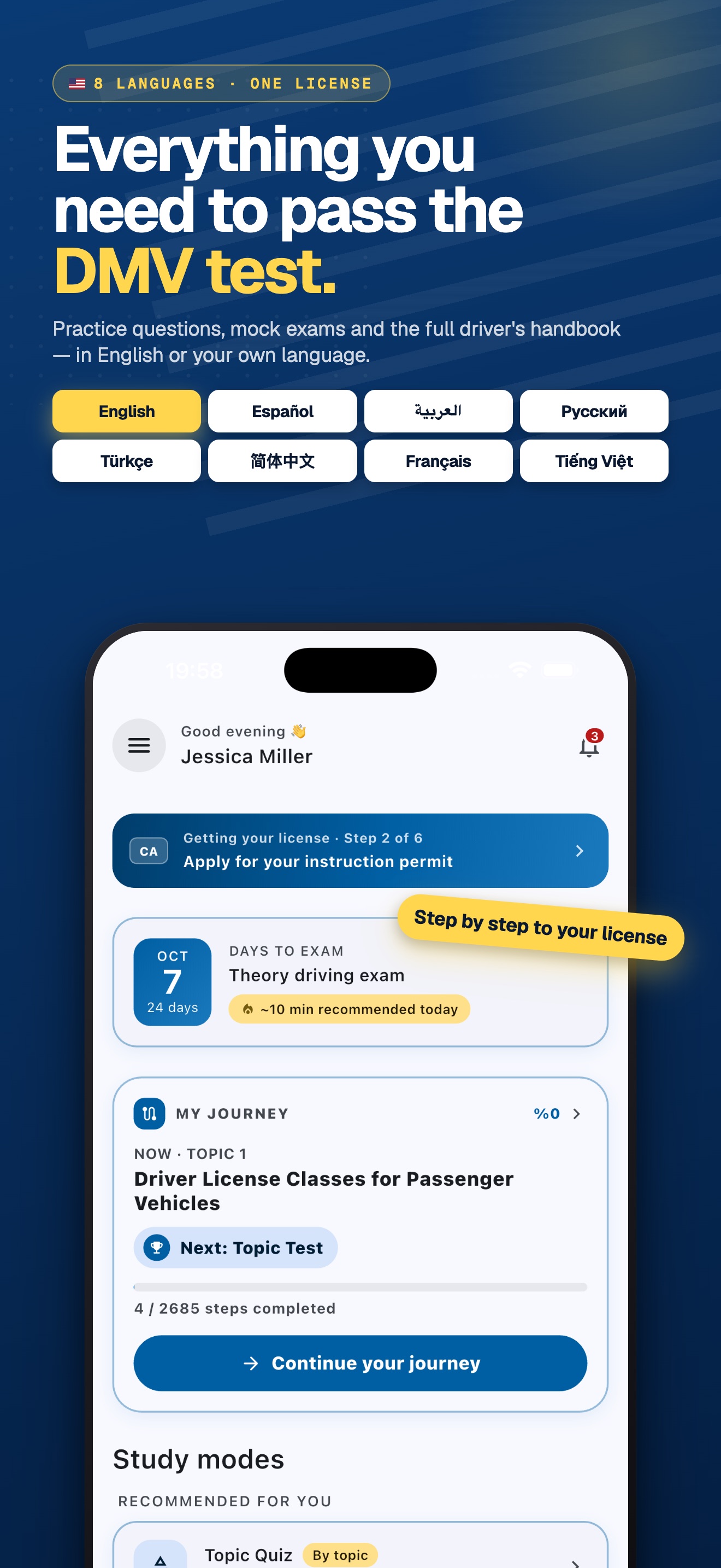 DMV Master home screen — step-by-step license journey, exam countdown, and today's study goal