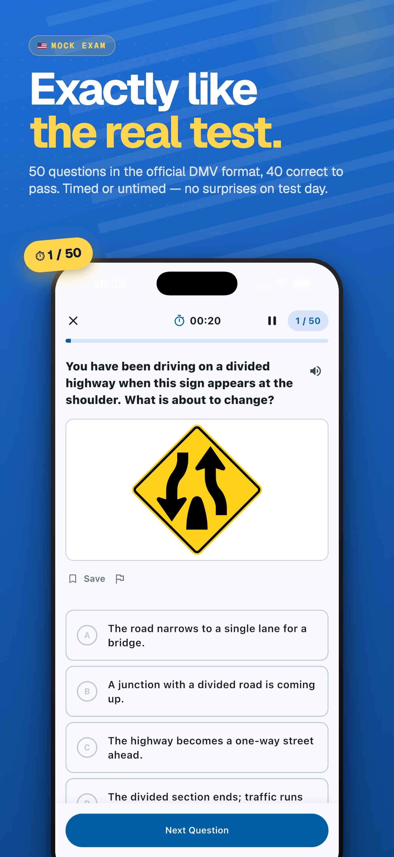 DMV Master mock exam screen — 50 questions, timed, in the official DMV format