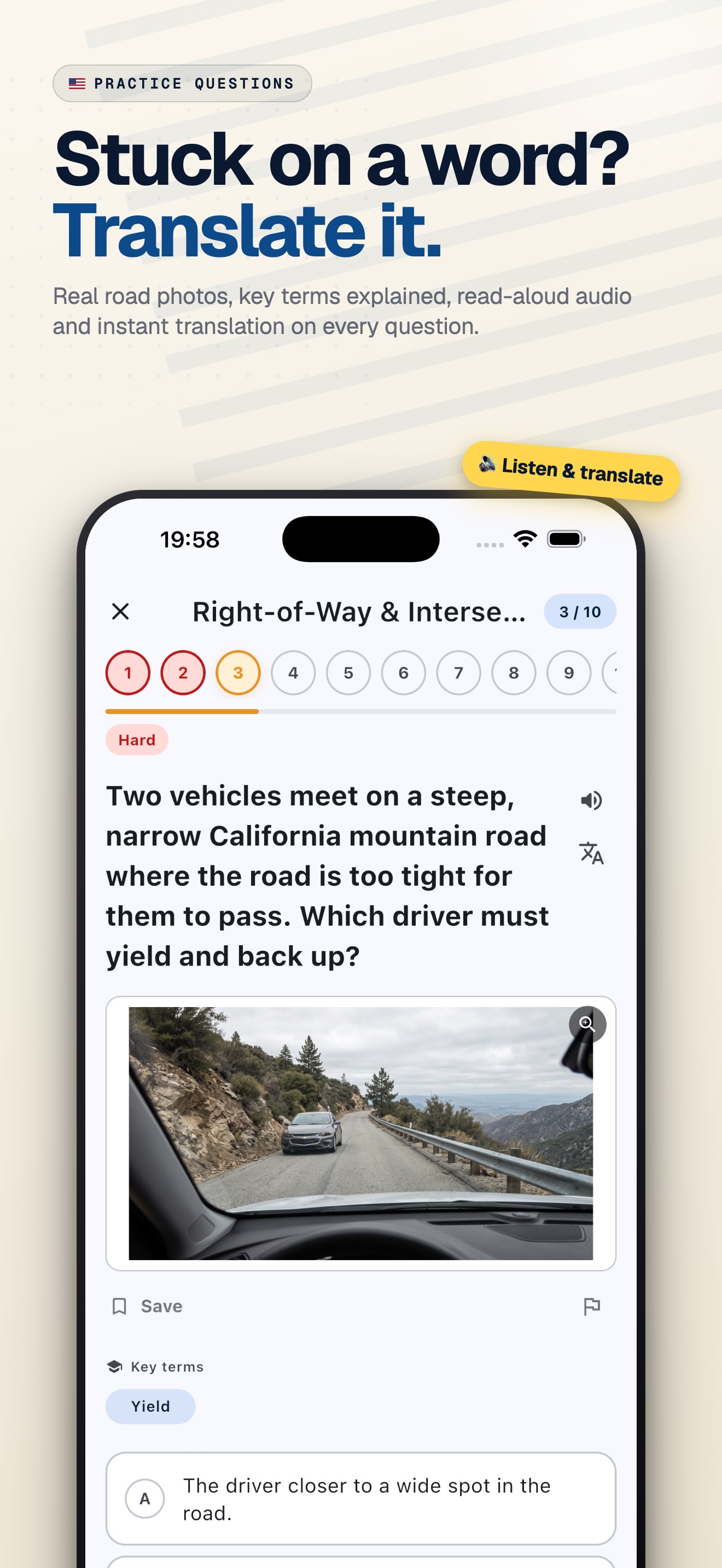 DMV Master quiz screen — right-of-way question with a real road photo, federal and state-specific answer choices