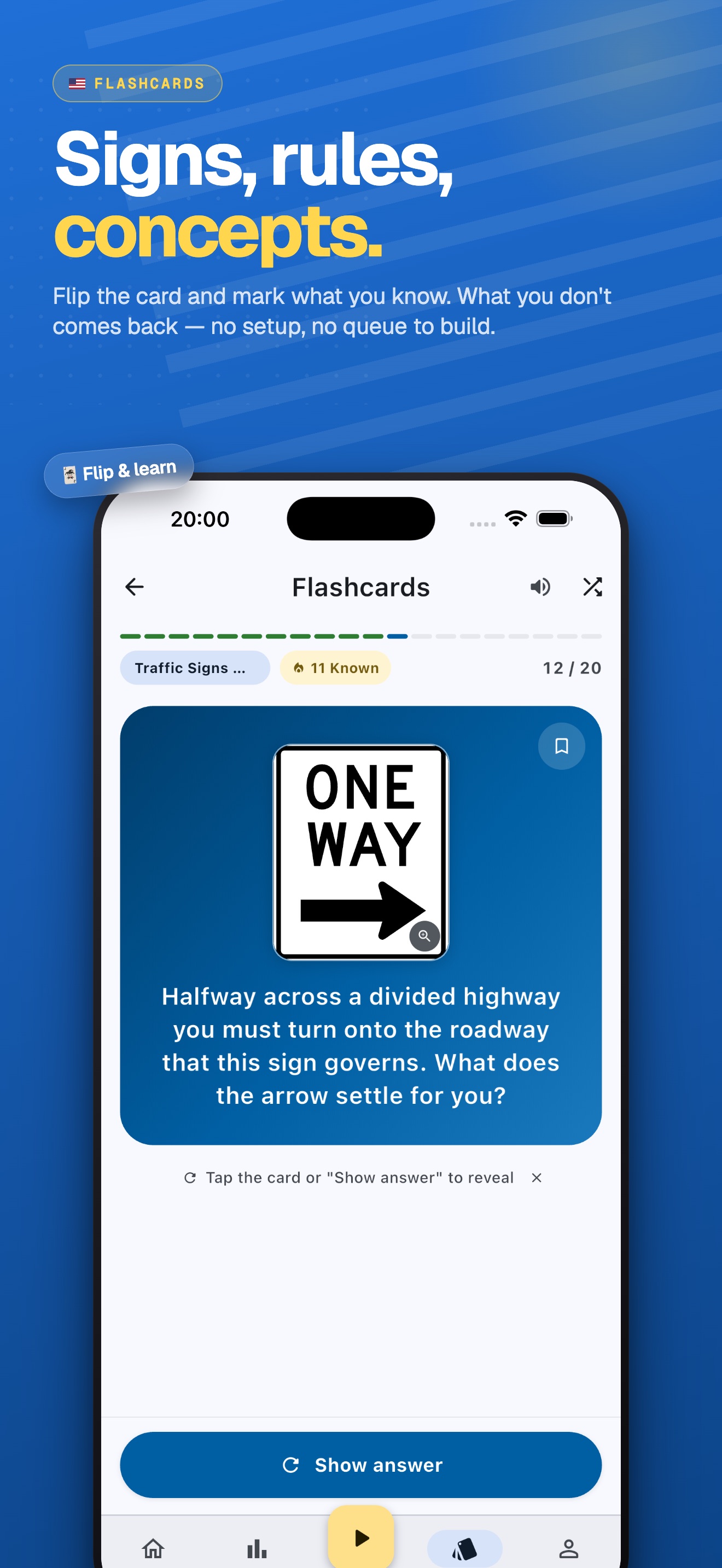 DMV Master flashcards screen — flip to reveal the answer to a road sign question