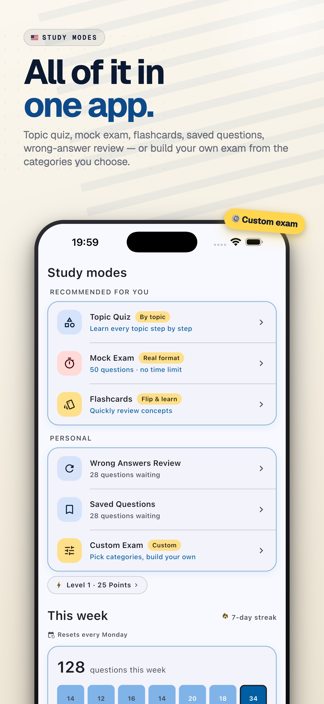 DMV Master study modes list — Topic Quiz, Mock Exam, Flashcards, Wrong Answers, Saved Questions, Custom Exam