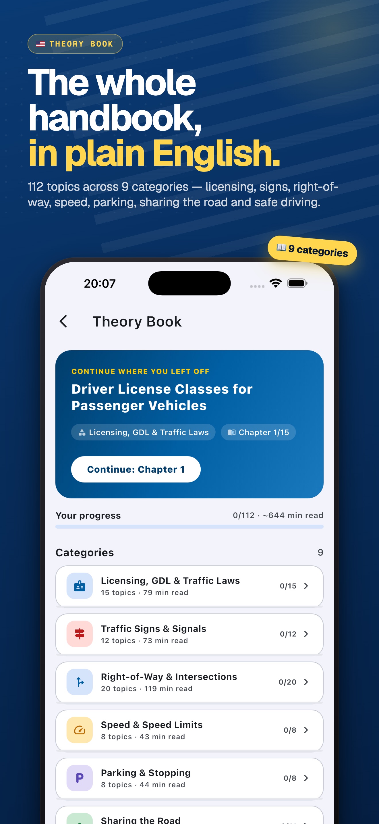 DMV Master study guide screen — driver handbook chapters organized by category, with reading progress