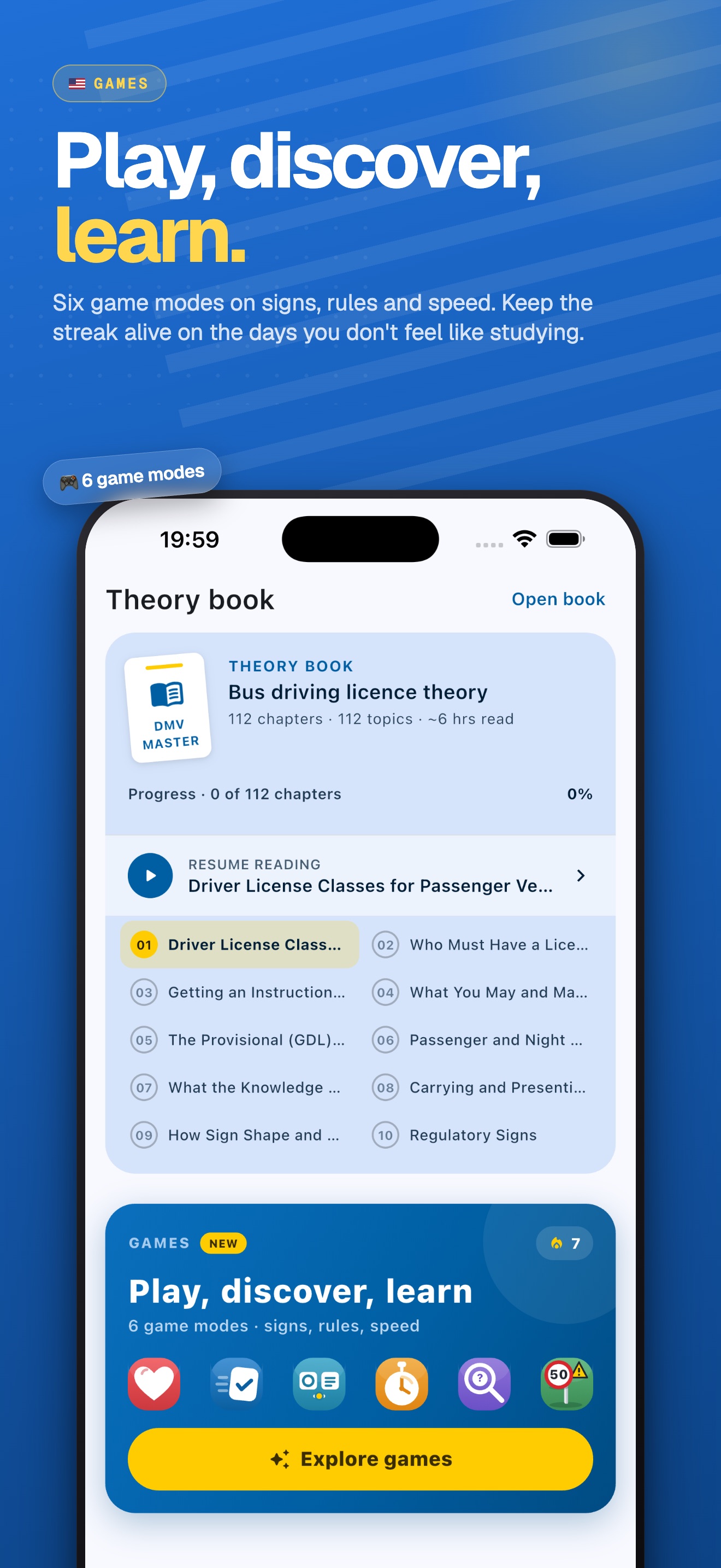 DMV Master games screen — six quick game modes on road signs, rules and speed limits