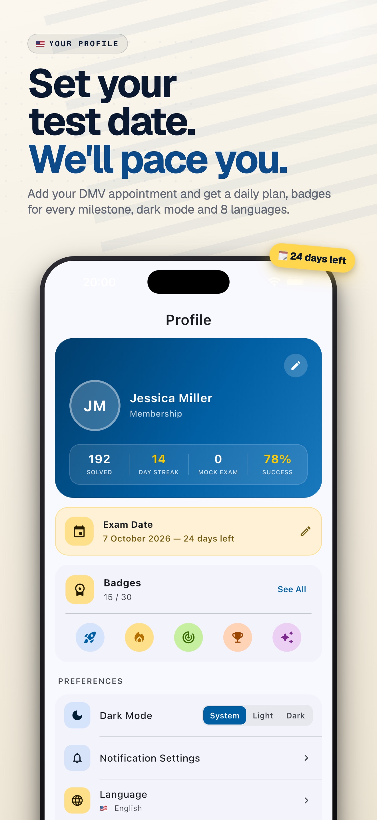 DMV Master profile screen — exam date set to 24 days away, badges, and study preferences