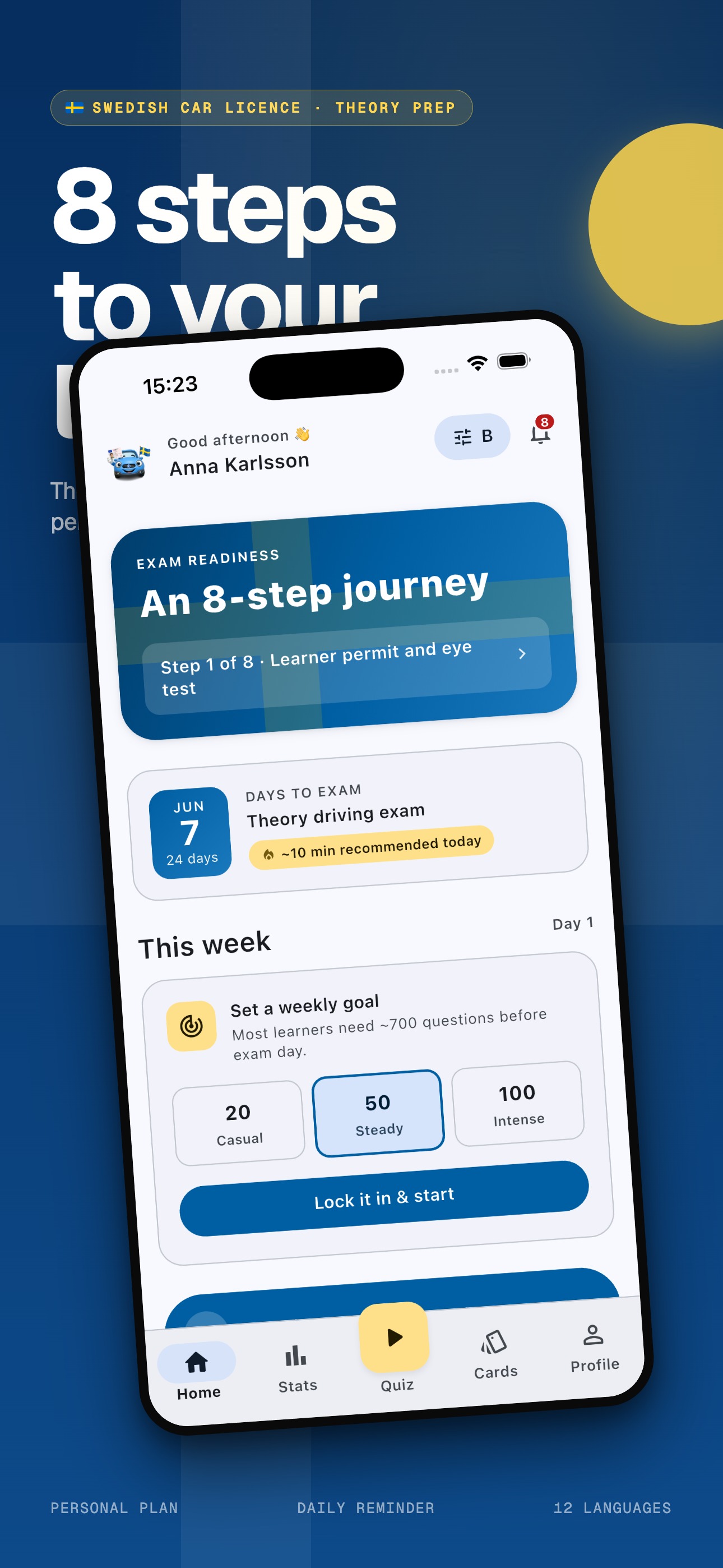 Körkort Hero — home screen with 8-step journey
