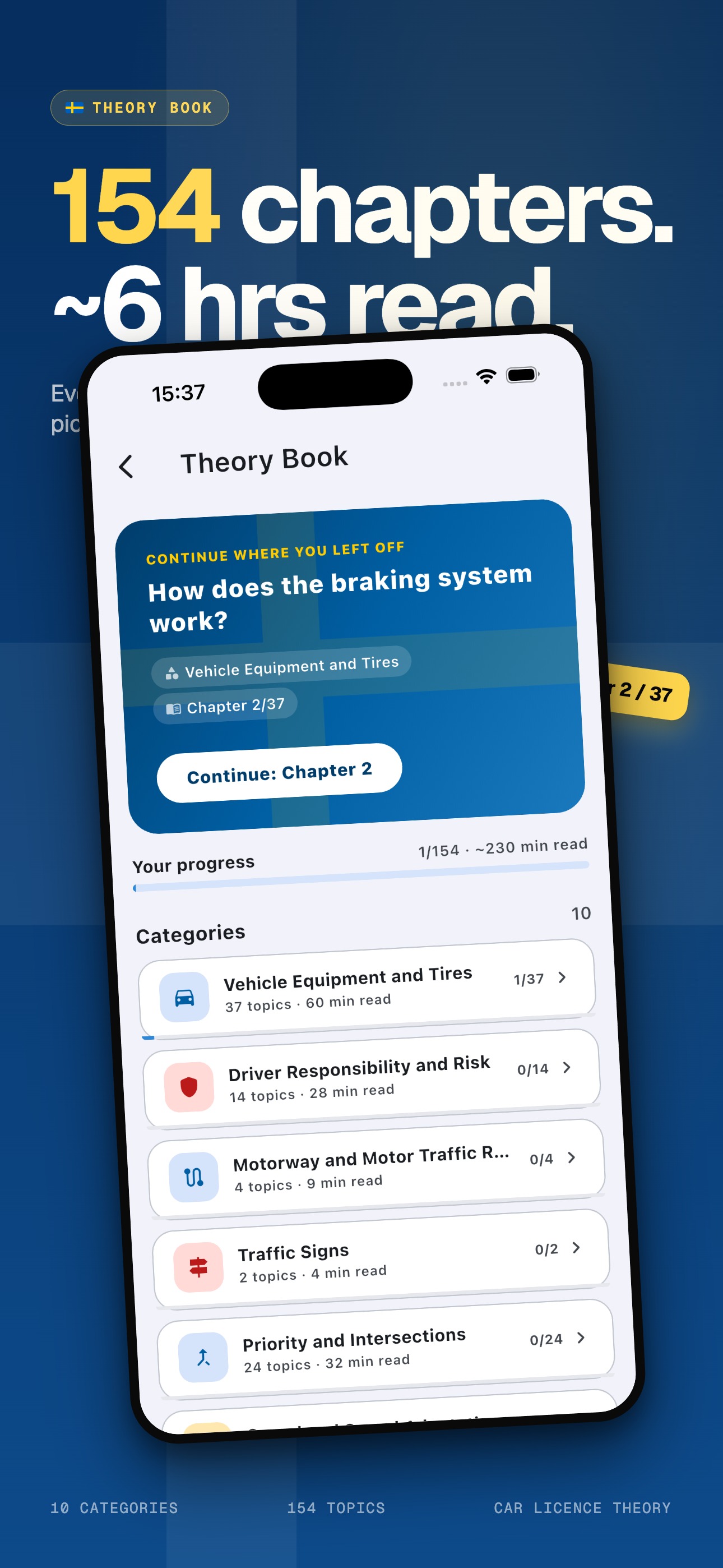 Theory Book screen with 'How does the braking system work?' resume card, 1/154 progress, 10 categories listed