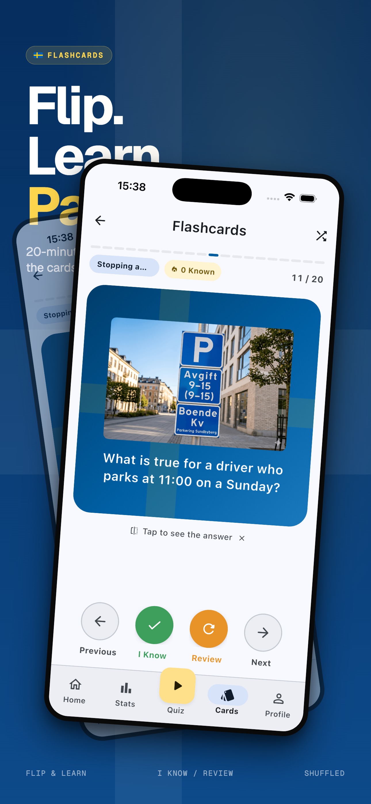 Flashcards screen showing a parking sign question, with Previous, I Know, Review buttons