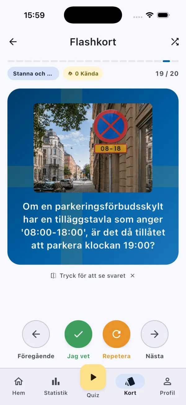 Flashkort med en fråga om en parkeringsförbudsskylt