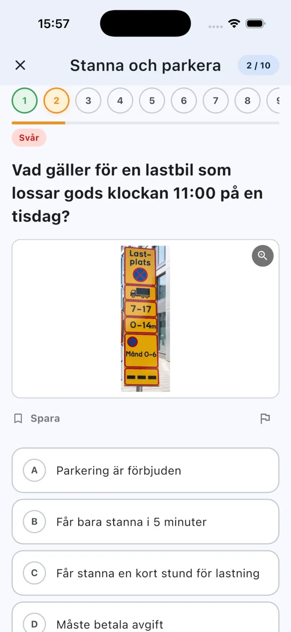 Körkortsfråga om att stanna och parkera med svarsalternativ