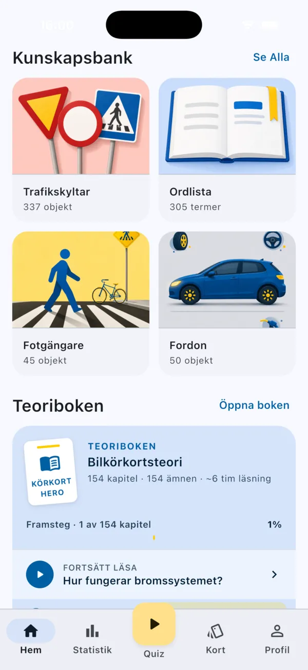 Kunskapsbanken med trafikskyltar, ordlista, fotgängare och fordon