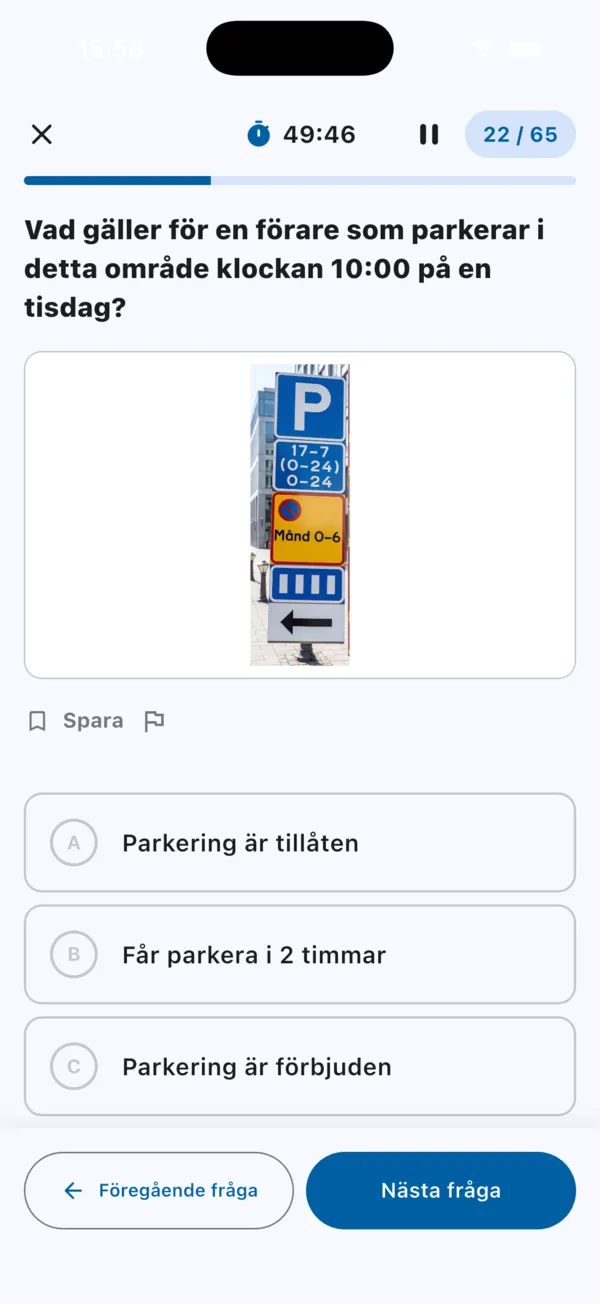 Övningsprov med nedräkningstimer och fråga 22 av 65