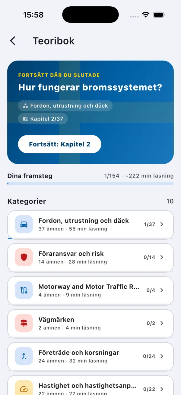 Teoriboken med kapitel uppdelade i kategorier