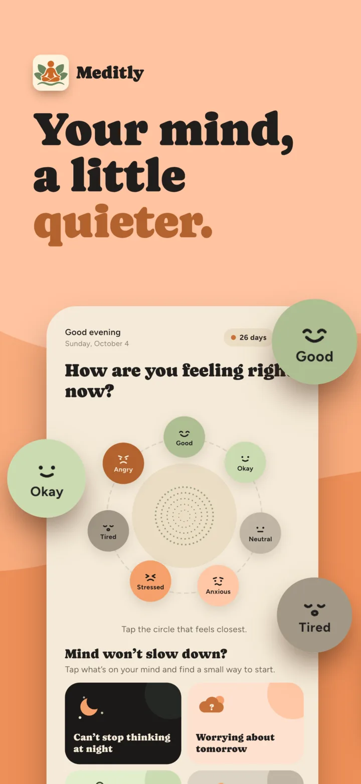 Meditly home screen — a mood check-in asking how you are feeling right now