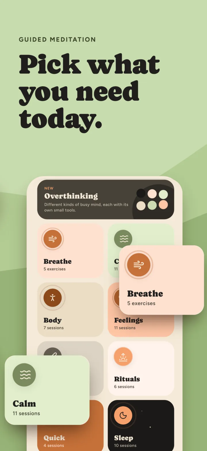 Meditate tab with categories: breathe, body, feelings, calm, rituals and sleep